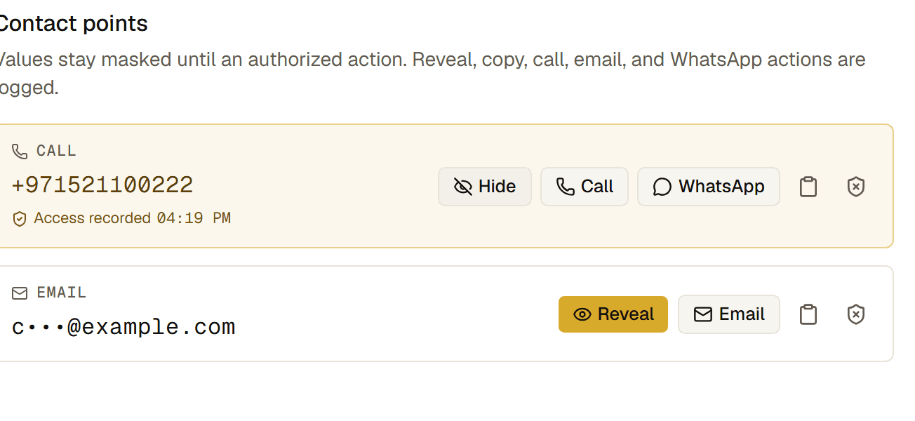 A revealed contact with its recorded access — from the live product.